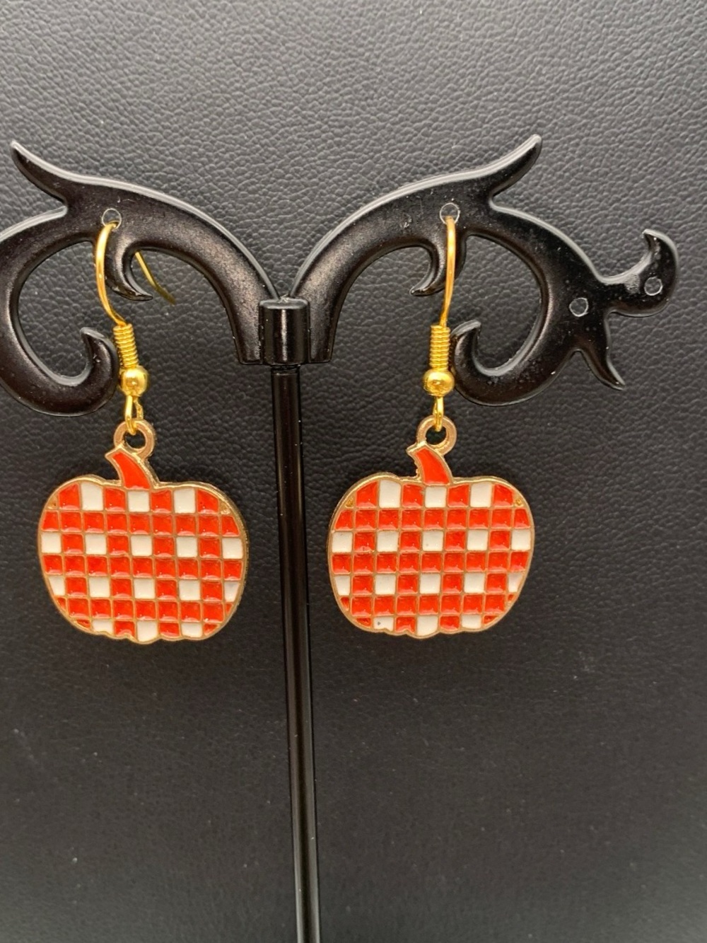 Gold-Tone Red Checkered fall pumpkin Drop Earrings - Women Jewelry